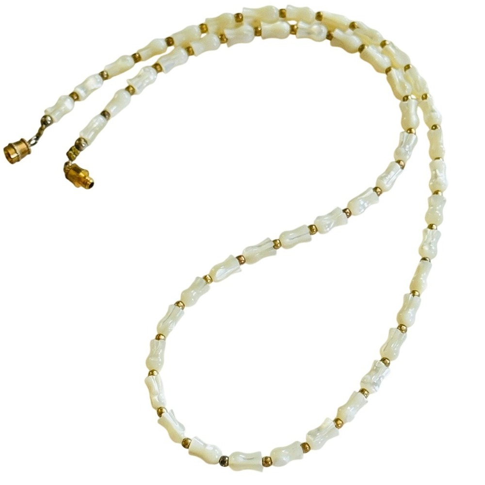 VTG Estate rose carved Beaded collar Necklace MOP Natural Mother of pearl 20"‎